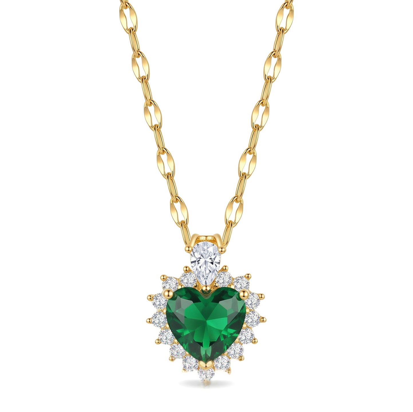 Emerald Green Heart CZ Pendant Necklace |Stainless Steel Chain