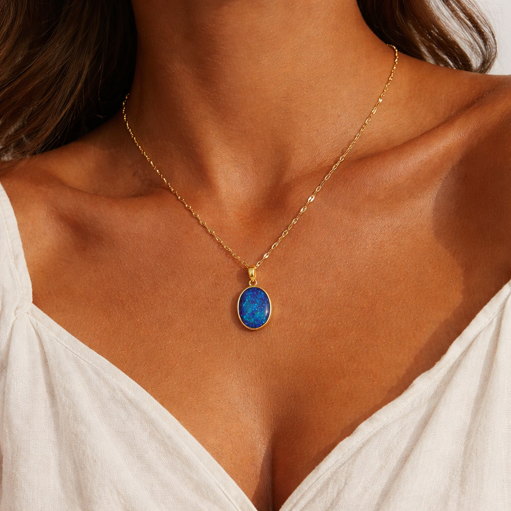 Wholesale 18K Gold Plated Stainless Steel Blue Opal Oval Pendant Necklace