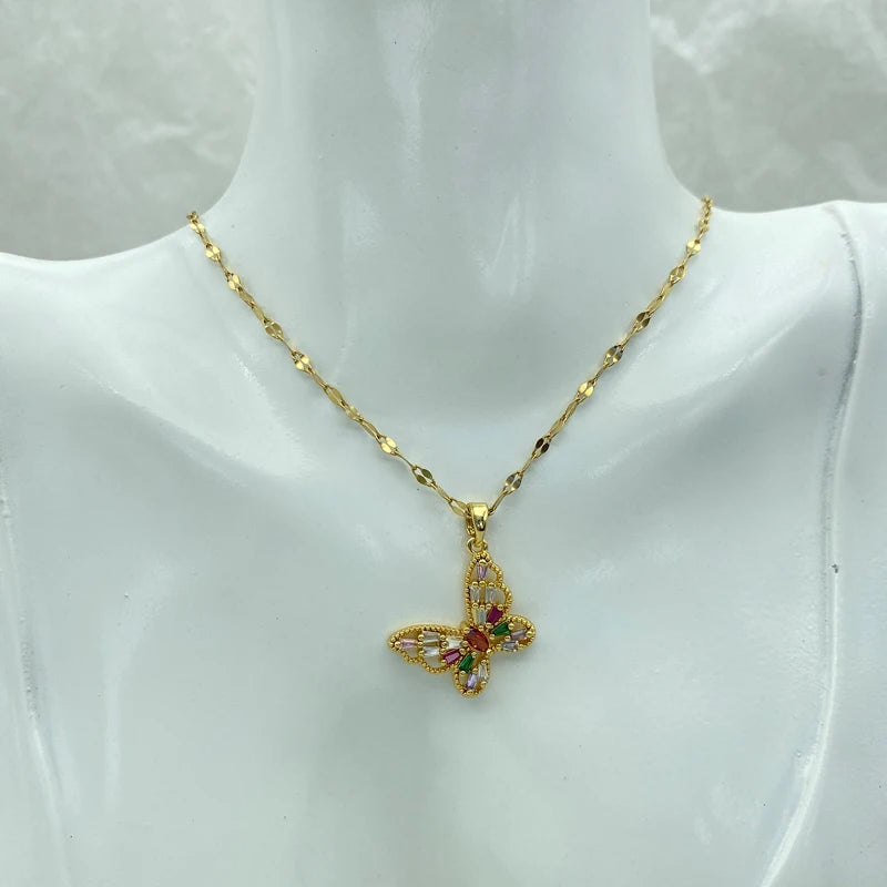Colorful CZ Butterfly Pendant Necklace | 18K Gold Plated Stainless Steel