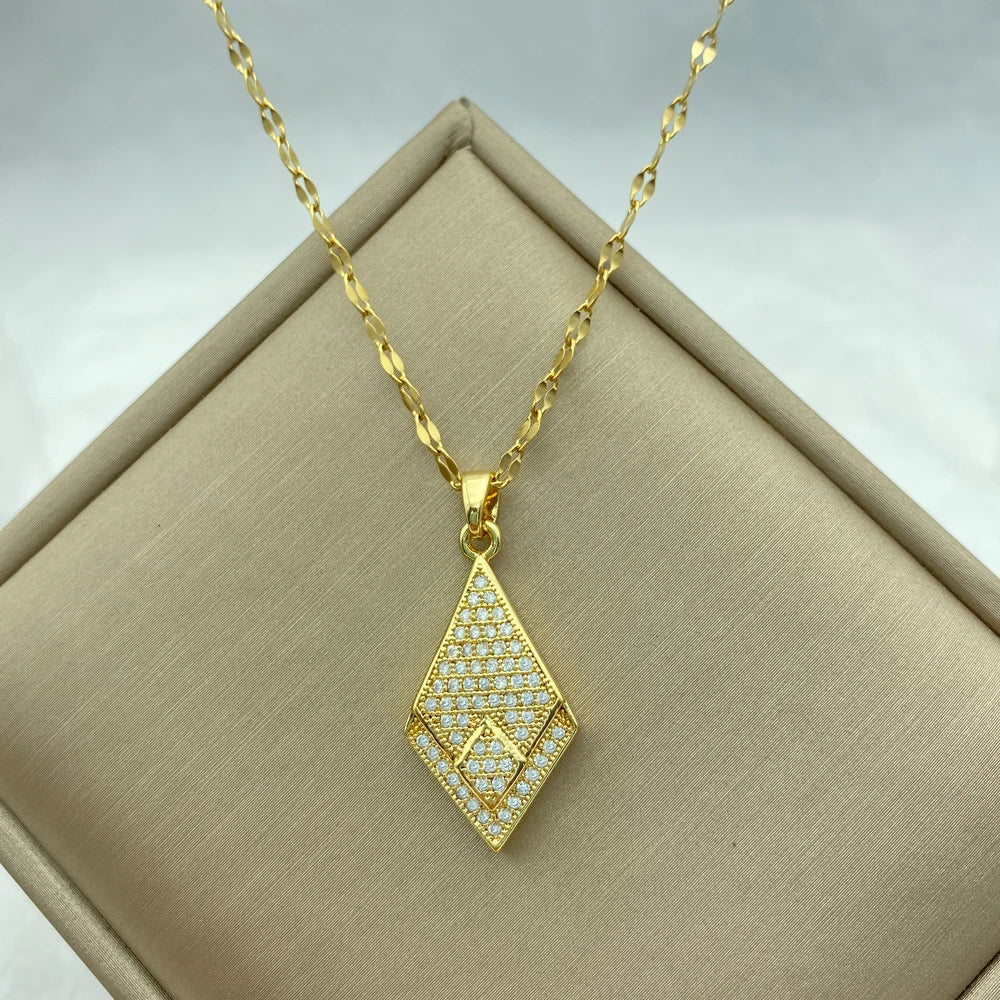 Gold Diamond-Shape Pave CZ Pendant Necklace | Stainless Steel Chain| Brass Pendant