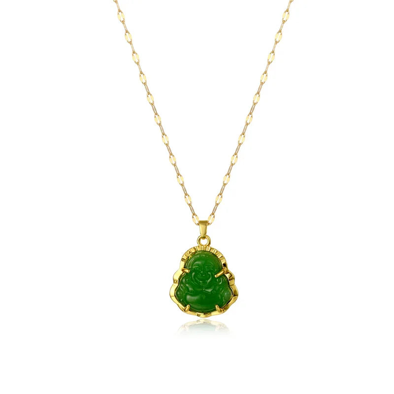 Green Jade Buddha Pendant Necklace | 18K Gold Plated Stainless Steel