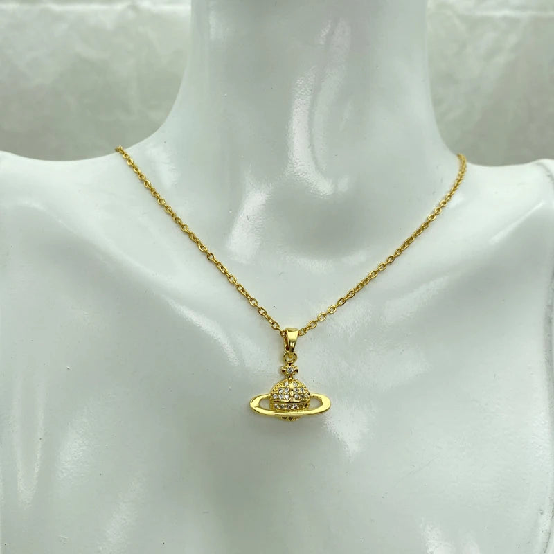 Gold Plated Stainless Steel O Chain Saturn-Pendant Necklace For Women