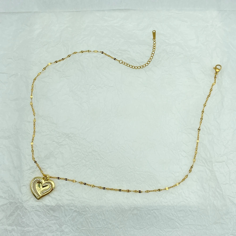 Double Layer CZ Heart Pendant Necklace | 18K Gold Plated Stainless Steel