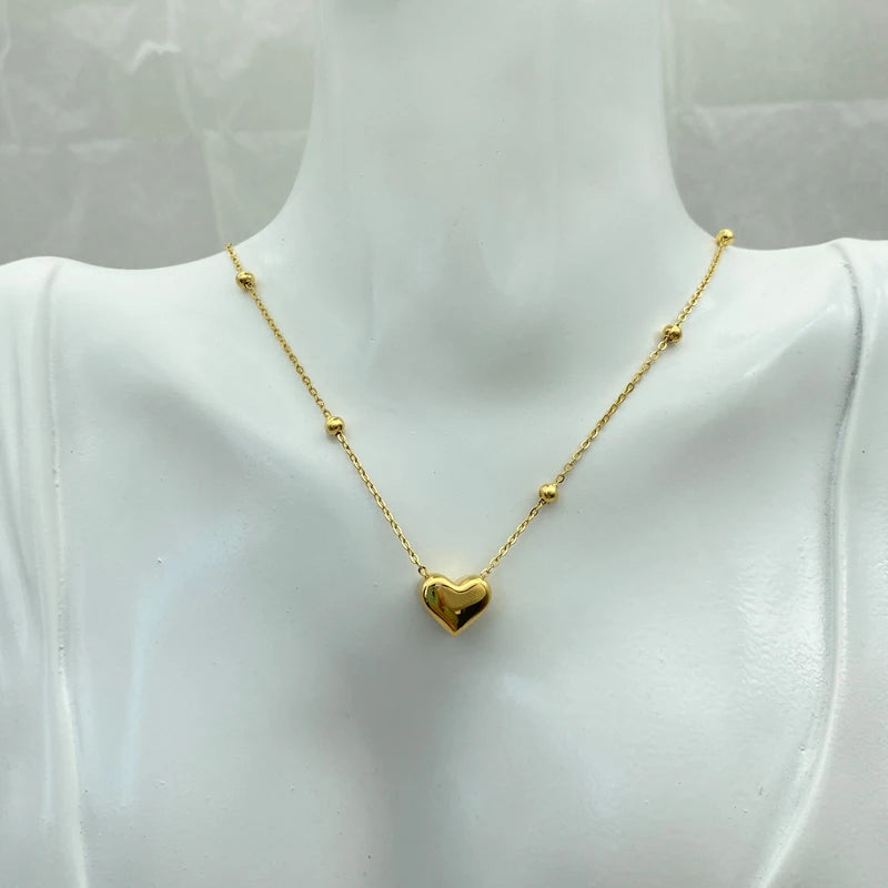 Heart Pendant Beads Chain Stainless Steel Necklace for Women