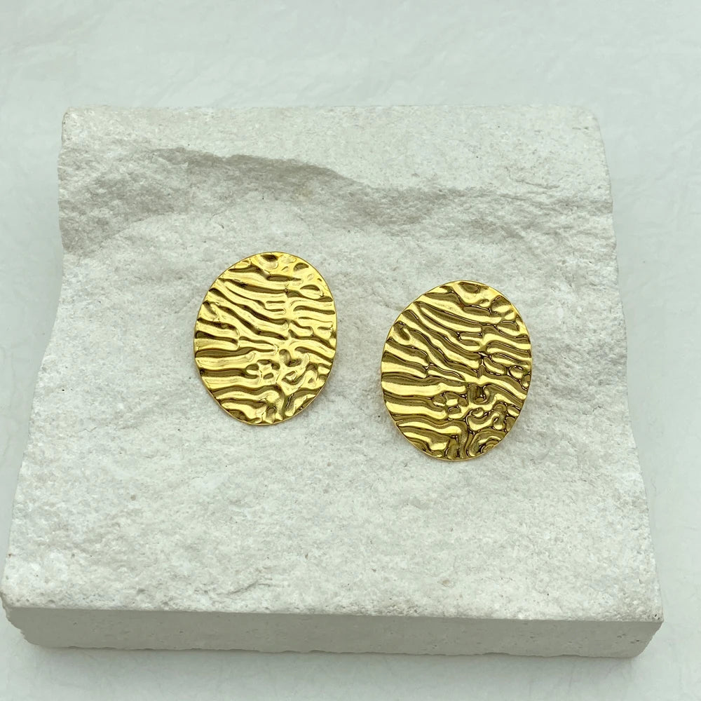 Textured Wave Oval Stud Earrings | Gold Plated Stainless Steel |