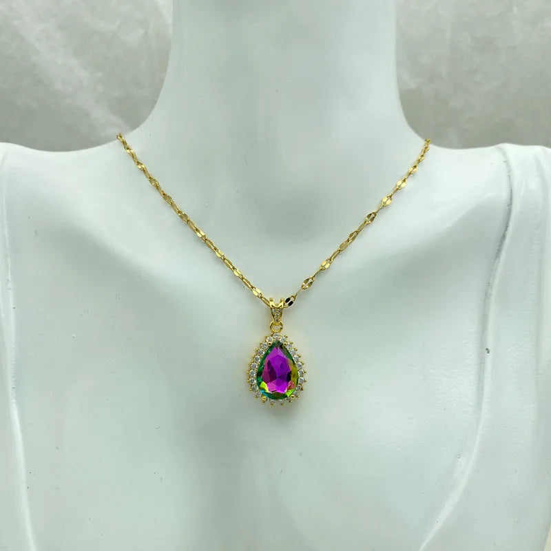 Gold Plated Stainless Steel Necklace With Colorful Water Drop Pendant Necklace For Women With Stainless Steel Fashion Jewelry