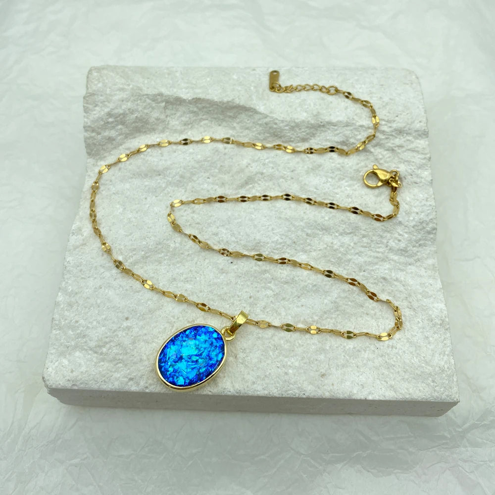 Blue Opal Oval Pendant Stainless Steel Necklace For Women Fashion Jewerly New In Shiny Cute Necklace Accessories Luxury Design