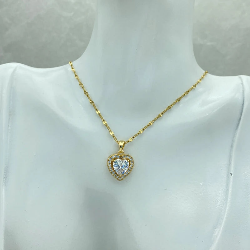 Wholesale Gold Plated Stainless Steel White Zircon Heart Pendant Necklace