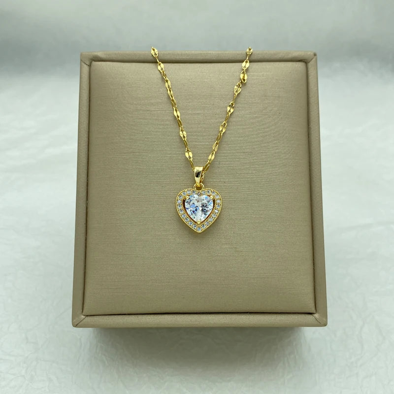 White Zircon Heart Pendant Gold Plated Stainless Steel Necklaces For Women New In Fashion Jewelry New In Style