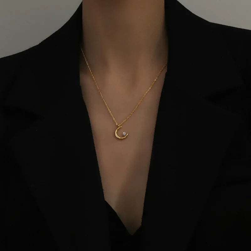 Moon Pendant With Zircon Stainless Steel Necklace For Women