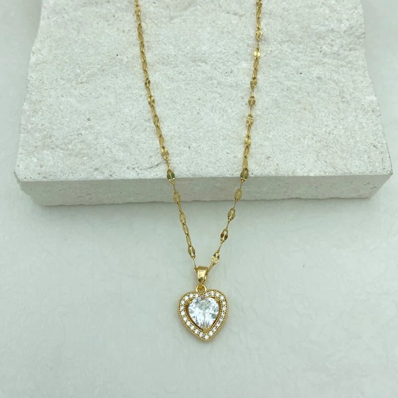 White Zircon Heart Pendant Gold Plated Stainless Steel Necklaces For Women New In Fashion Jewelry New In Style