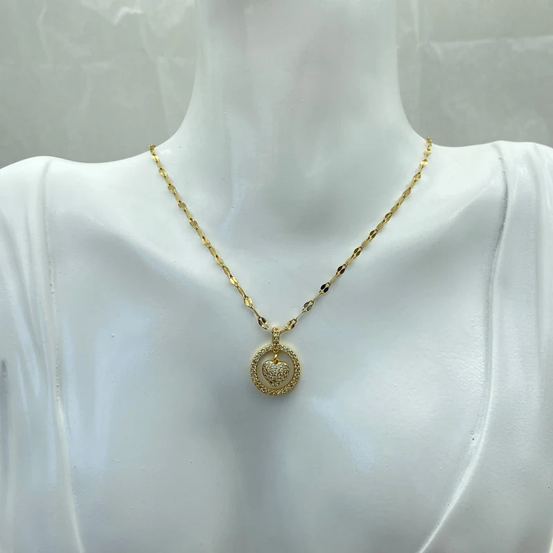 CZ Pave Heart Circle Pendant Necklace | Puffy Heart Halo Charm Stainless Steel