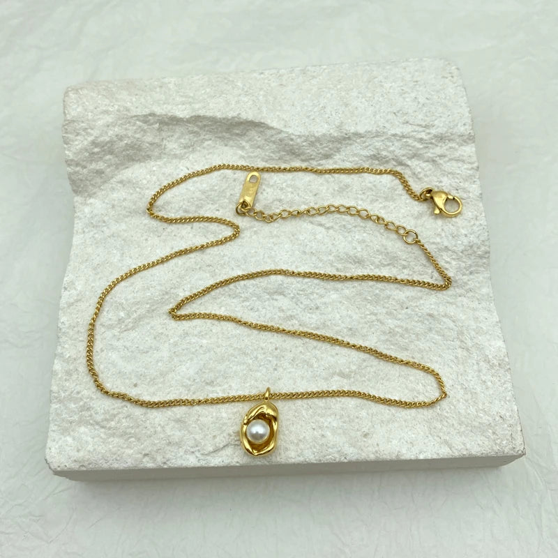 Gold Color Peanut Pearl Pendants Stainless Steel Necklace for Women Korean New Fashion Jewelry Collarbone Chain Gifts for Woman
