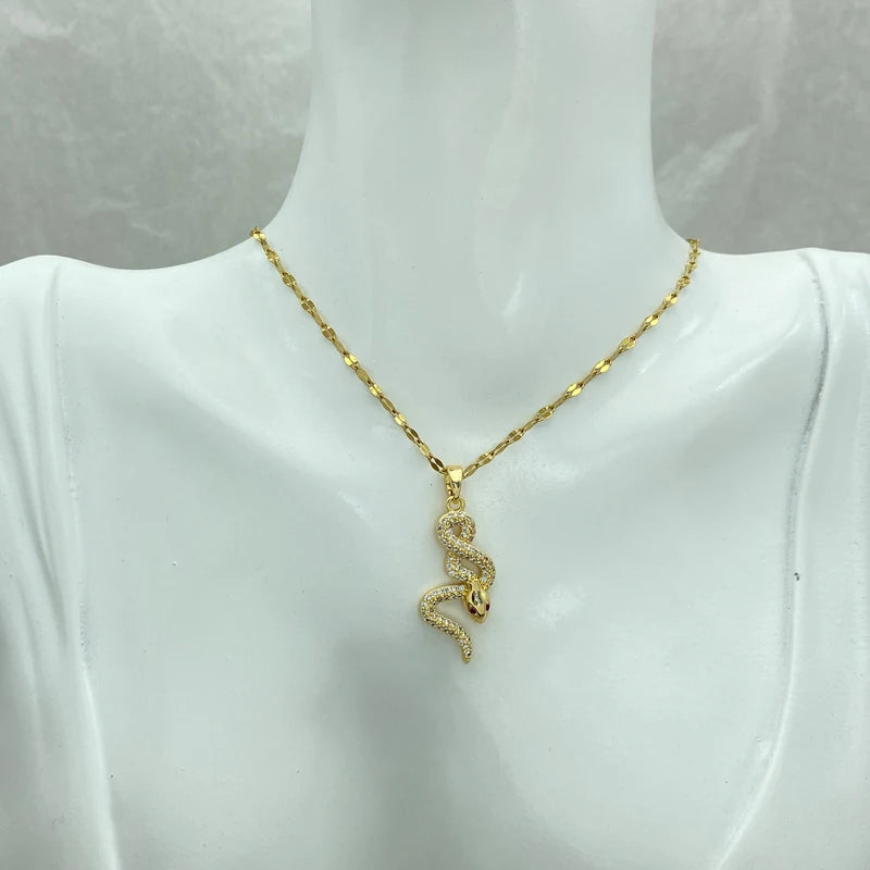 Wholesale Gold Plated Stainless Steel Snake Pendant Necklace with Red Zircon Eyes