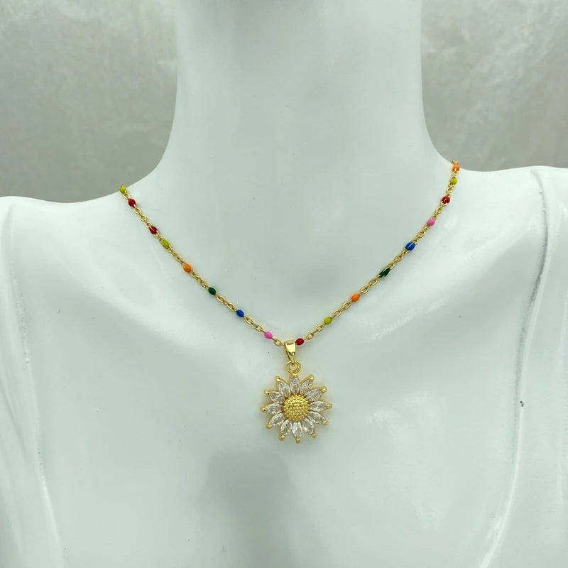 18K Gold Plated Sunflower CZ Pendant Necklace | Stainless Steel Chain