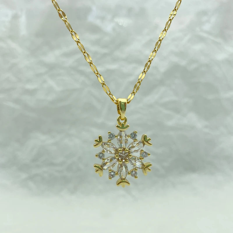 Gold Snowflake CZ Pendant Necklace | Stainless Steel Chain