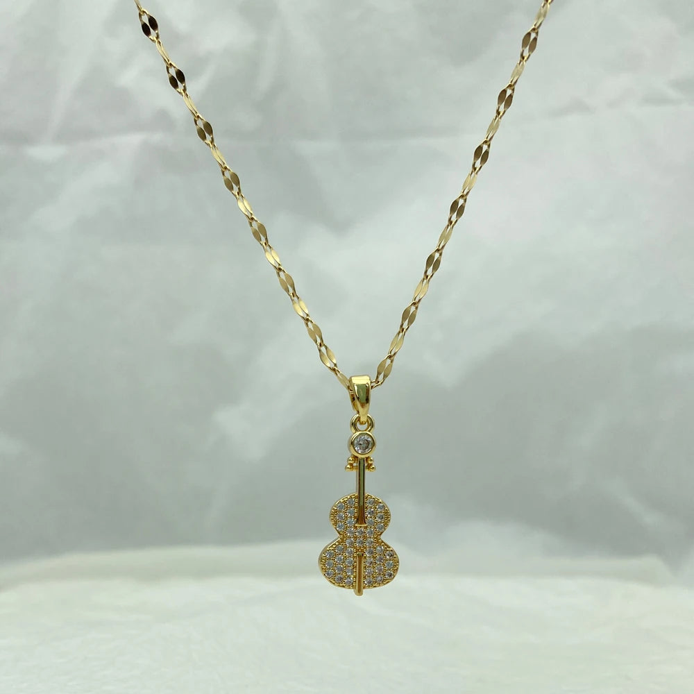 Violin Pendant Necklace for Women 2021 Jewelry Gold Plated Titanium Steel Cute Necklace Luxury Choker Japanese Korean Wholesale