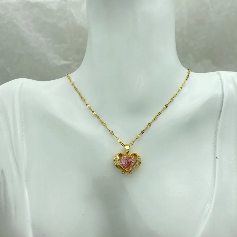 Pink Zircon Heart Pendant Necklace For Women With Gold Plated Stainless Steel Fashion Jewelry