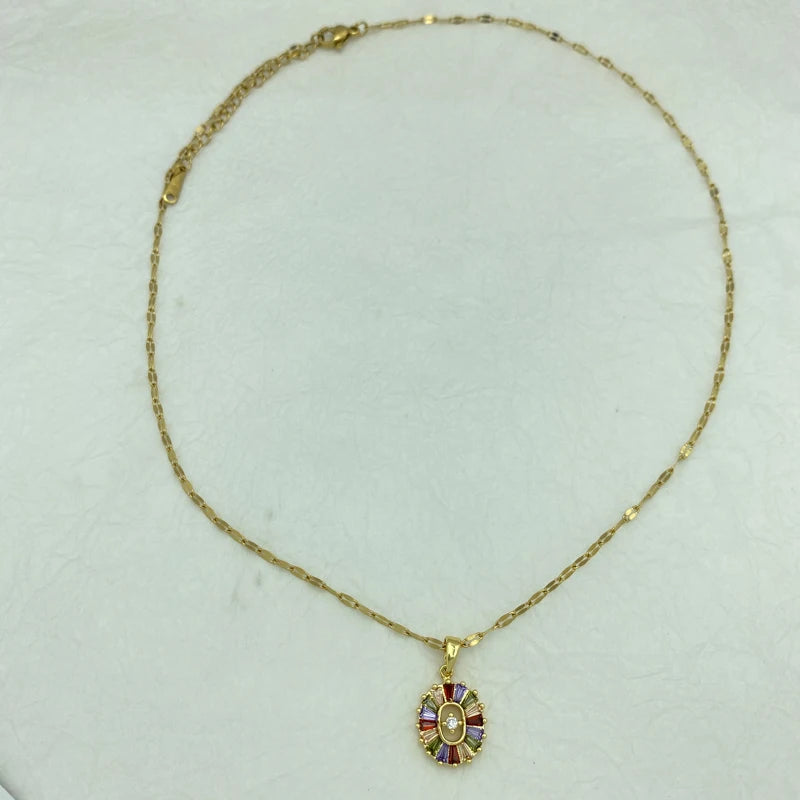 Gold Colorful Baguette CZ Sunburst Oval Pendant Necklace | Stainless Steel Chain