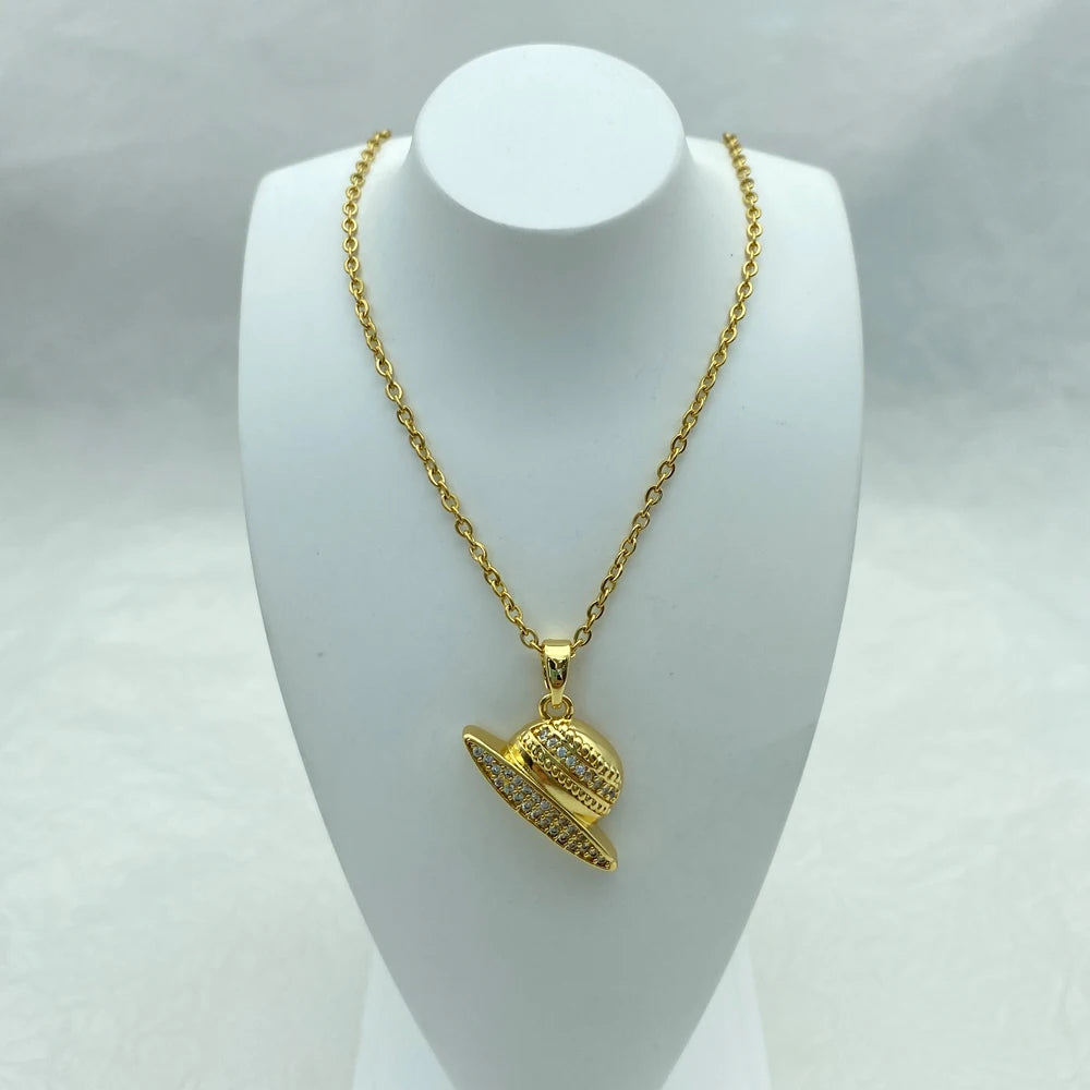 18K Gold Plated Pave CZ Sun Hat Pendant Necklace | Stainless Steel Chain