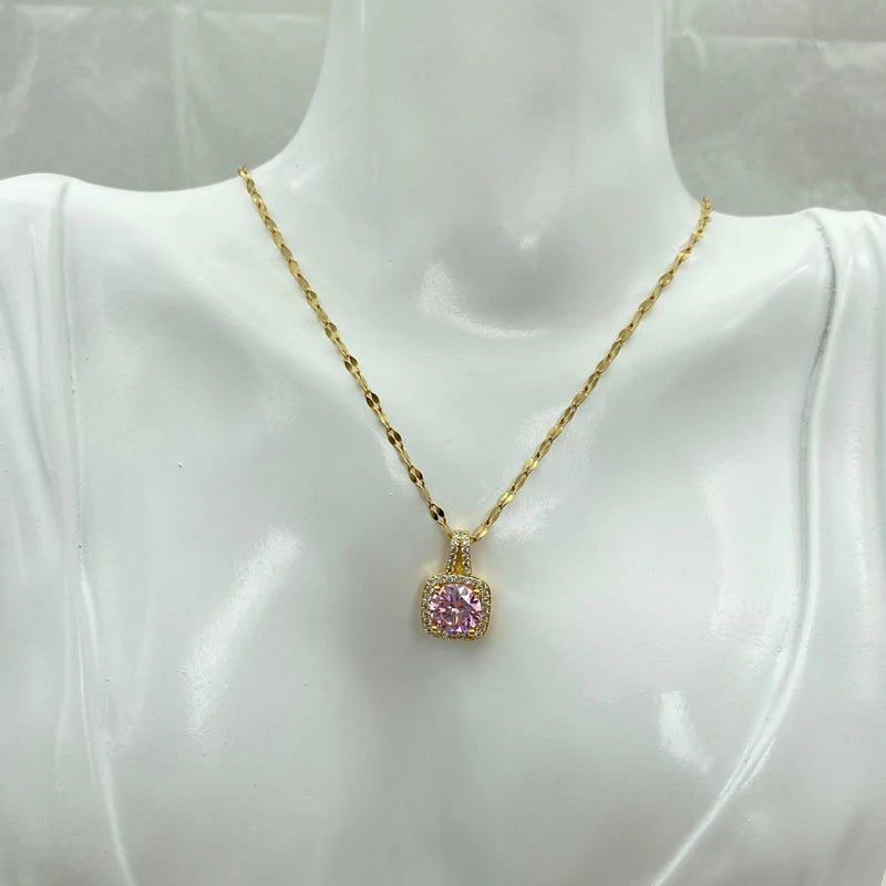 Wholesale Gold Plated Stainless Steel Pink Zircon Square Pendant Necklace
