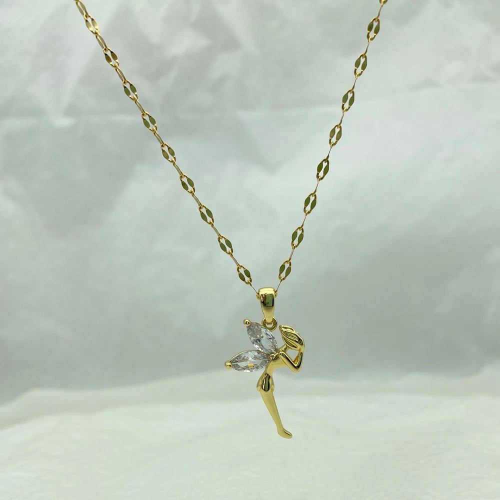 Wholesale Gold Plated Titanium Steel Angel Zircon Pendant Necklace