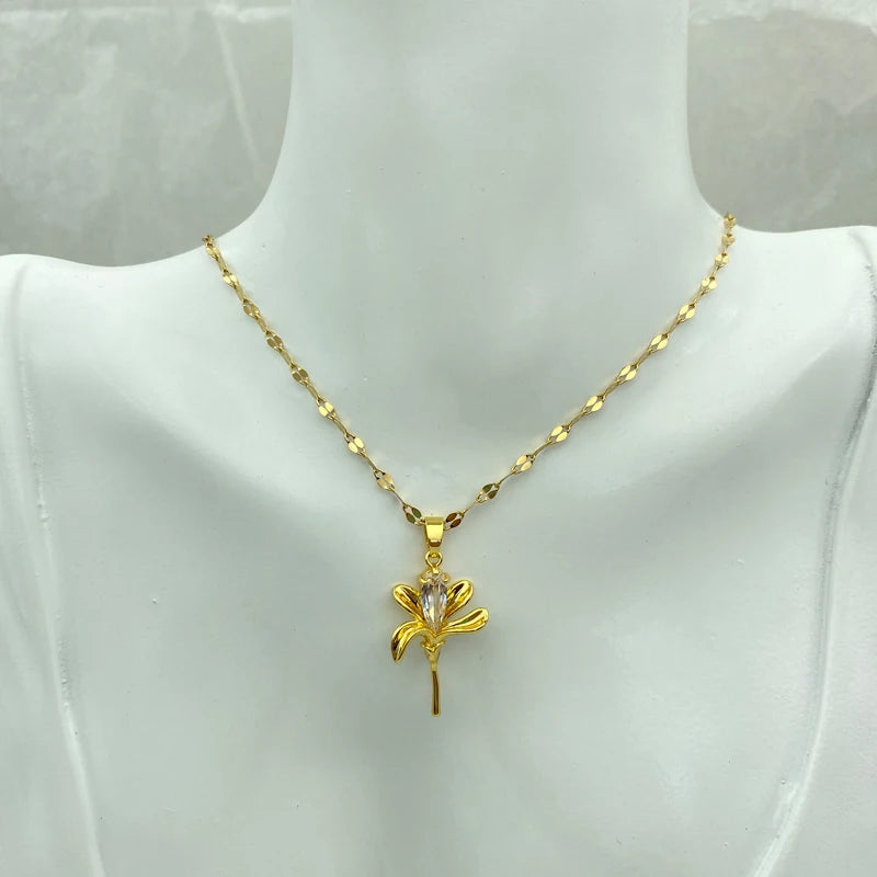 8K Gold Plated Tulip Flower Pendant Necklace | Stainless Steel Chain