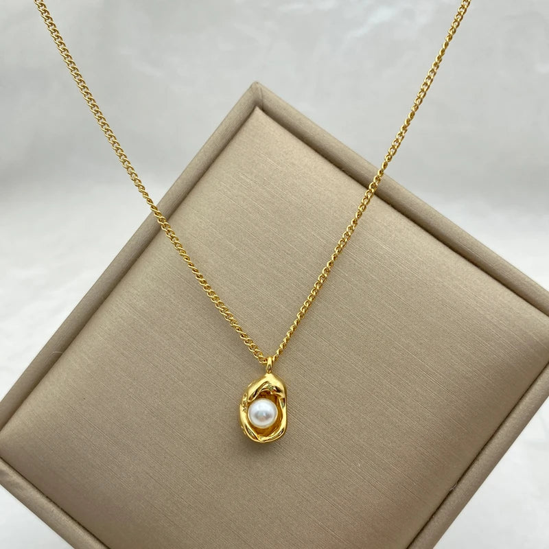 Gold Color Peanut Pearl Pendants Stainless Steel Necklace for Women Korean New Fashion Jewelry Collarbone Chain Gifts for Woman