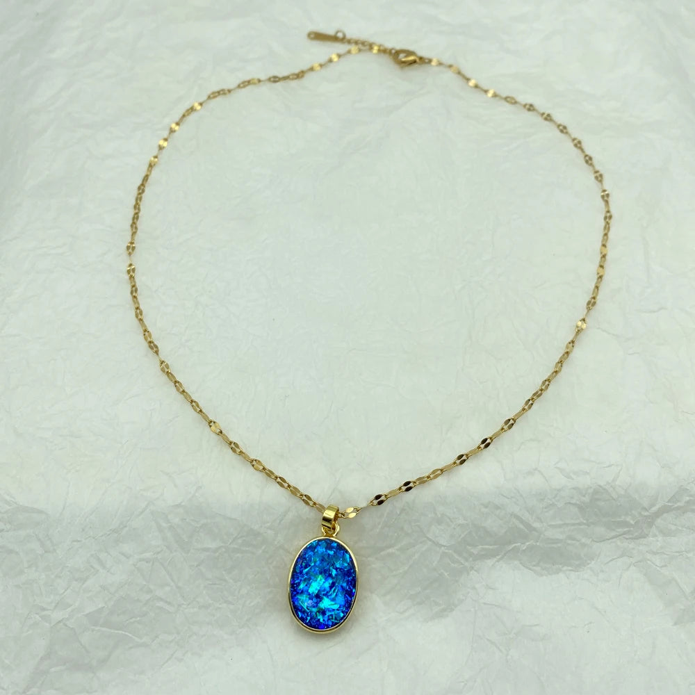 Blue Opal Oval Pendant Stainless Steel Necklace For Women Fashion Jewerly New In Shiny Cute Necklace Accessories Luxury Design
