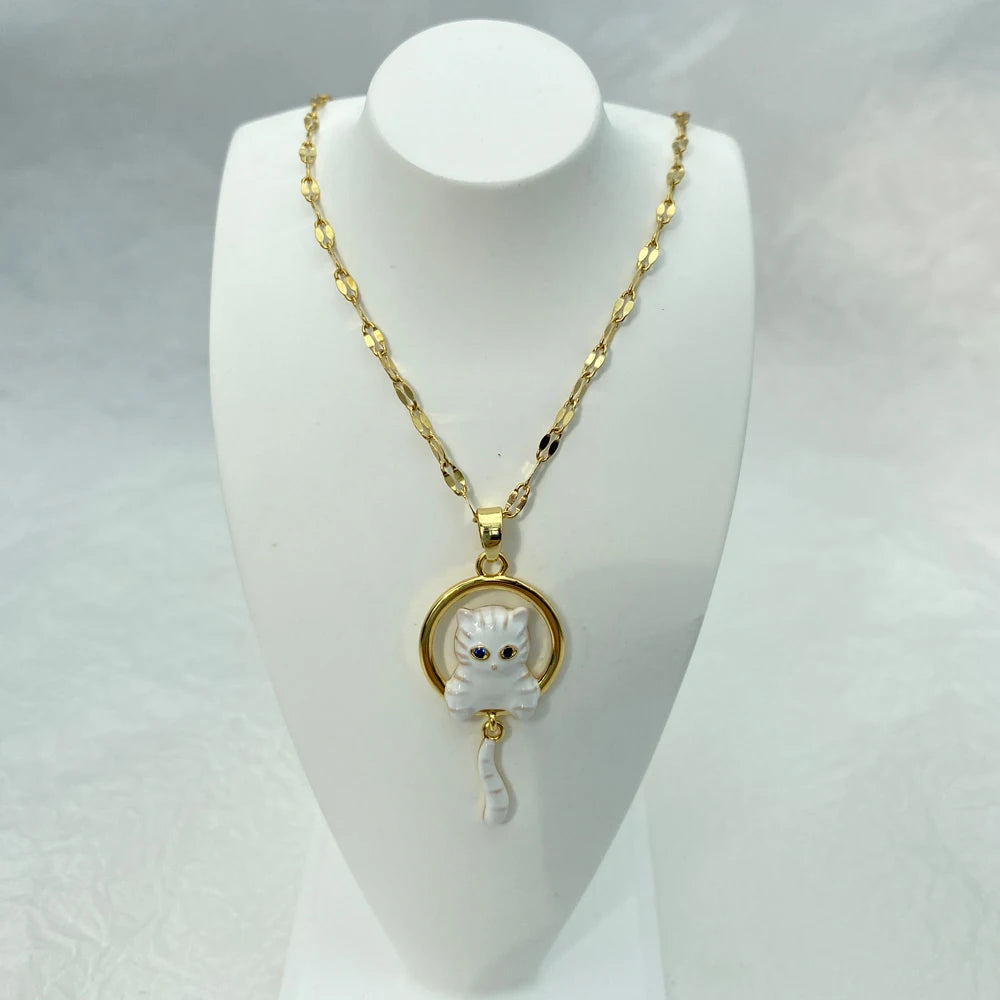 Wholesale Stainless Steel White Enamel Cat Pendant Necklace