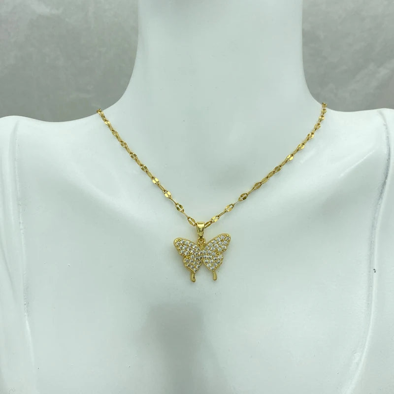 Wholesale Gold Plated Stainless Steel Butterfly Zircon Pendant Necklace