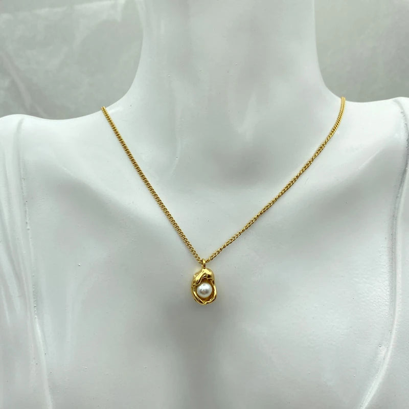 Gold Color Peanut Pearl Pendants Stainless Steel Necklace for Women Korean New Fashion Jewelry Collarbone Chain Gifts for Woman