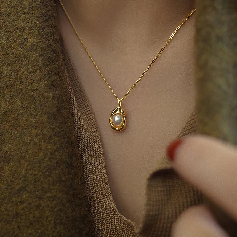 Wholesale Gold Color Stainless Steel Peanut Pearl Pendant Necklace