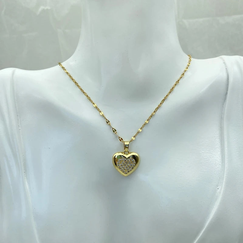 Gold Puffy Heart CZ Pendant Necklace | 18K Gold Plated Stainless Steel Chain