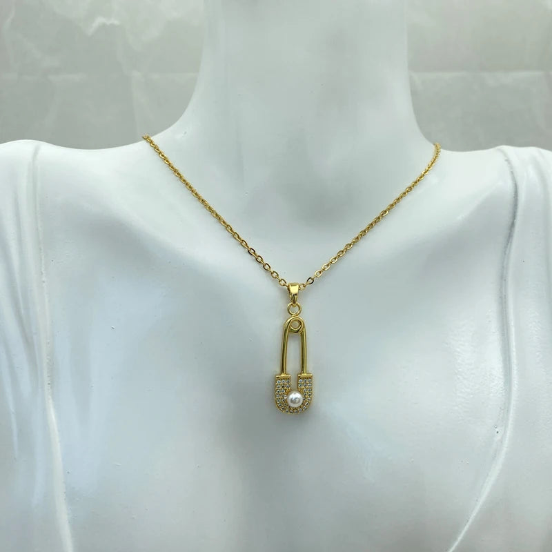 Pin Shaped Pendant With Pearl Gold Plated Stainless Steel Necklaces For Women Gift Fashion Steel Jewelry Cute Style