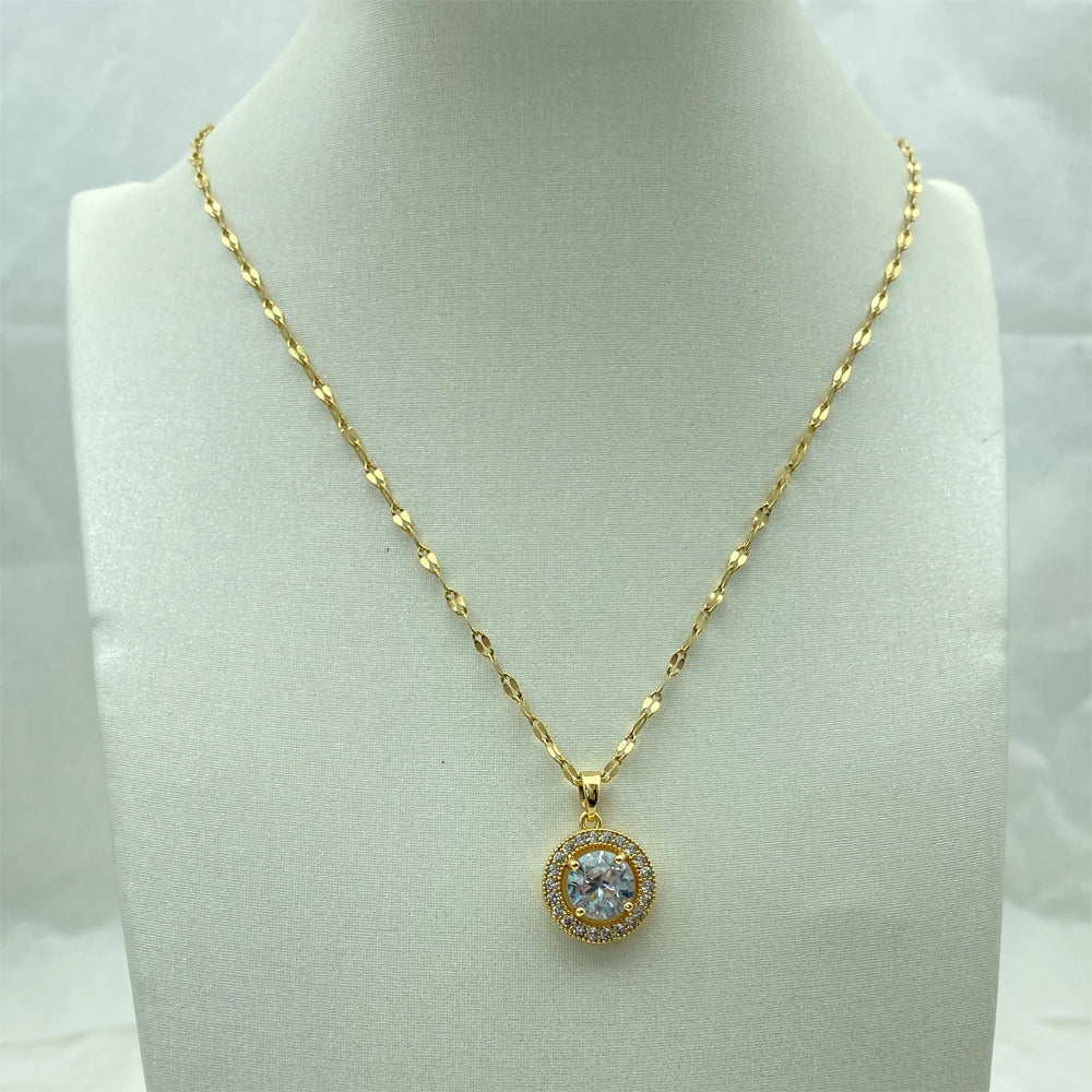 Wholesale Gold Plated Stainless Steel Round Zircon Pendant Necklace