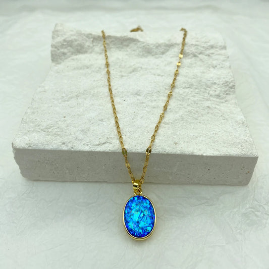 Blue Opal Oval Pendant Stainless Steel Necklace For Women Fashion Jewerly New In Shiny Cute Necklace Accessories Luxury Design