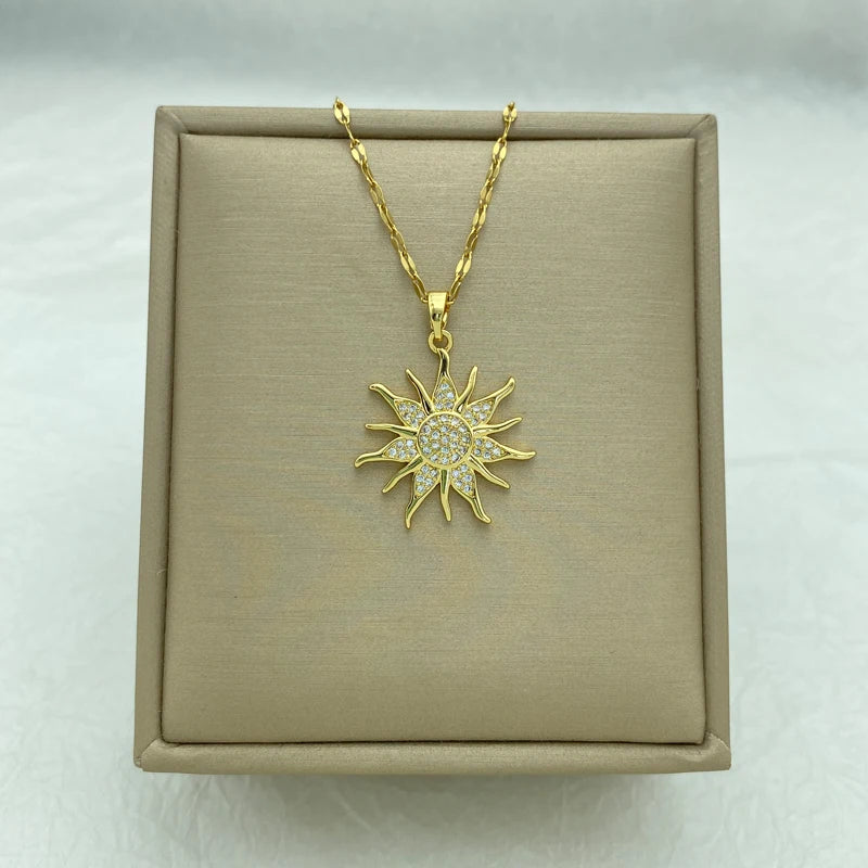 Big Sunflower Round Pendant Gold Plated Stainless Steel Necklaces For Women Neck Chain Fashion steel jewelry Luxury Design