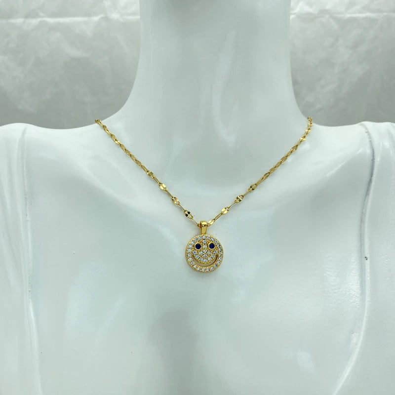 Wholesale Gold Plated Stainless Steel Smiley Face Rhinestone Pendant Necklace