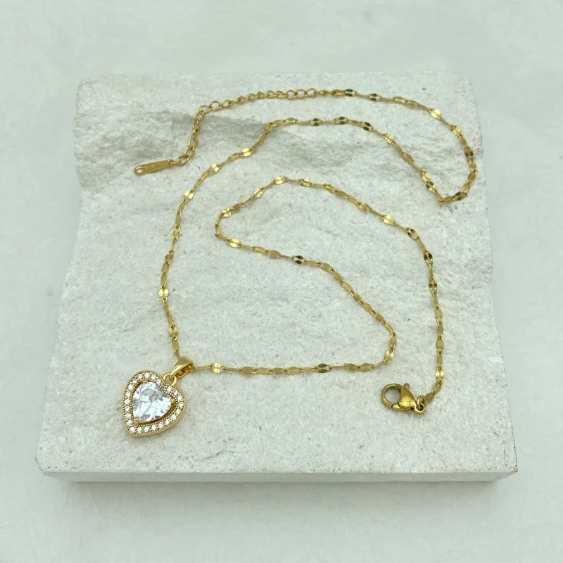 White Zircon Heart Pendant Gold Plated Stainless Steel Necklaces For Women New In Fashion Jewelry New In Style