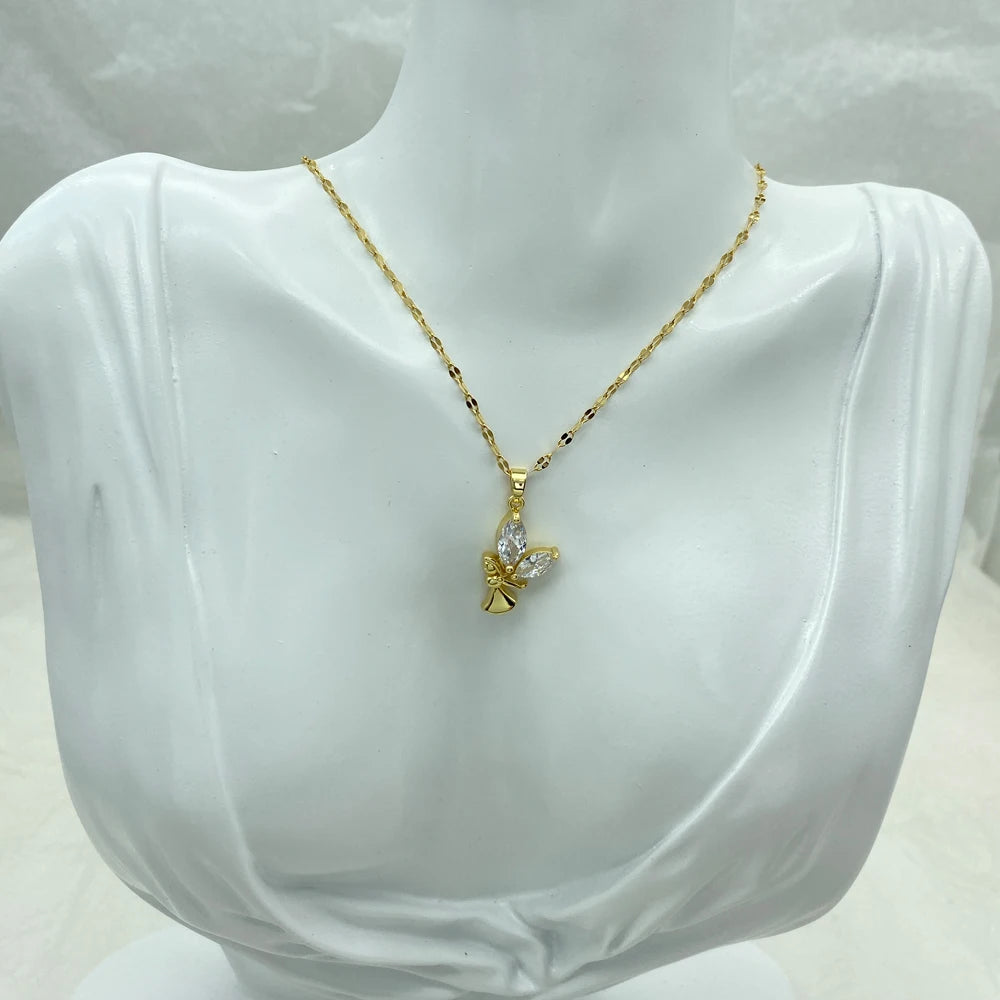 Angel Girl CZ Pendant Necklace 18K Gold Plated Stainless Steel Chain