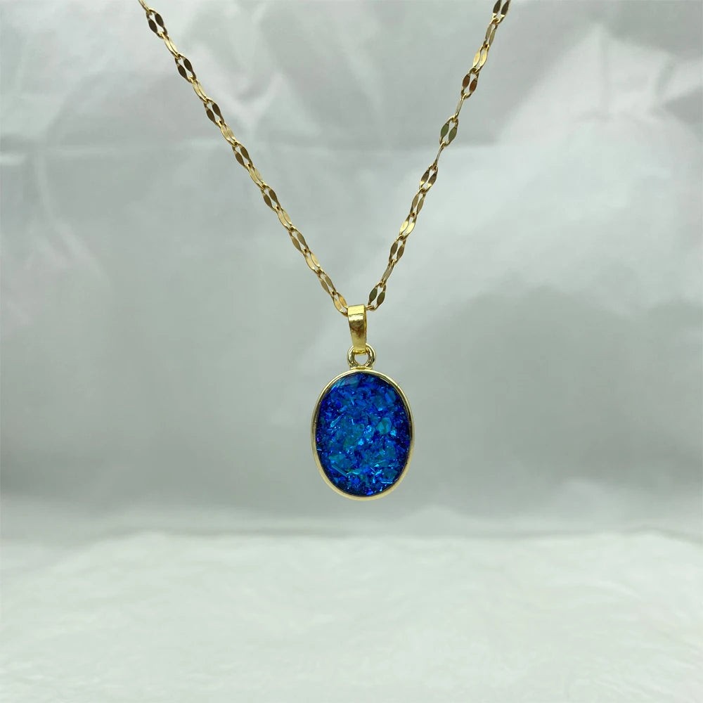 Blue Opal Oval Pendant Stainless Steel Necklace For Women Fashion Jewerly New In Shiny Cute Necklace Accessories Luxury Design