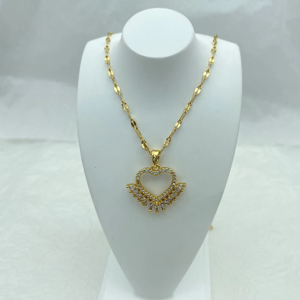 18K Gold Plated Open Heart Marquise CZ Pendant Necklace | Stainless Steel Chain