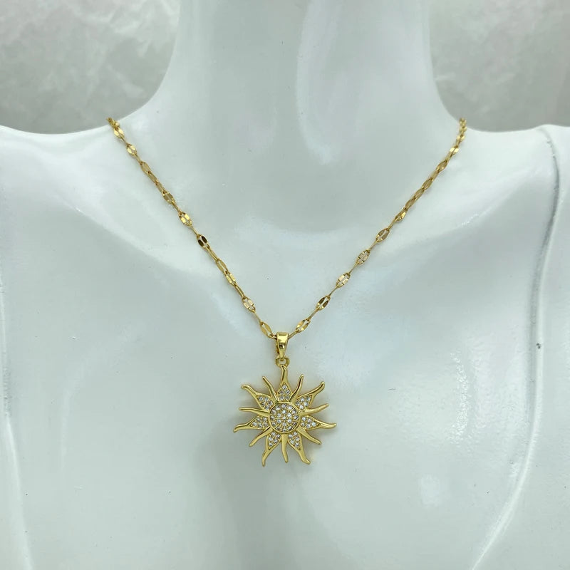 Big Sunflower Round Pendant Gold Plated Stainless Steel Necklaces For Women Neck Chain Fashion steel jewelry Luxury Design
