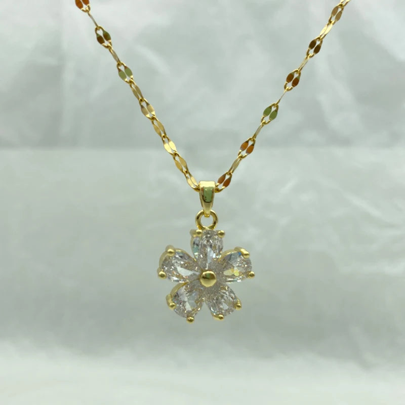 Gold Plated Crystal Flower Necklace for Women Jewelry Stainless Steel White Pendant Necklace Luxury Choker Korean New Wholesale