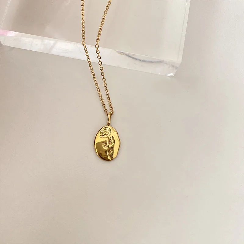 Rose Engraved Oval Pendant Necklace | 18 Gold Plated KStainless Steel