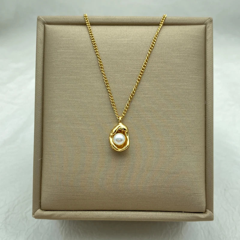 Gold Color Peanut Pearl Pendants Stainless Steel Necklace for Women Korean New Fashion Jewelry Collarbone Chain Gifts for Woman