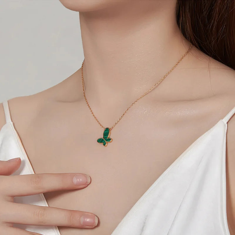 18K Gold Plated Malachite Butterfly Pendant Necklace | Stainless Steel Chain