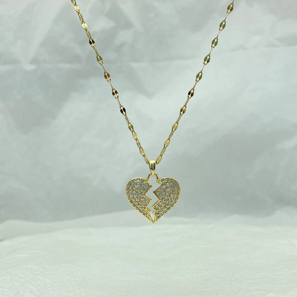 18K Gold Plated CZ Broken Heart Pendant Stainless Steel Necklace