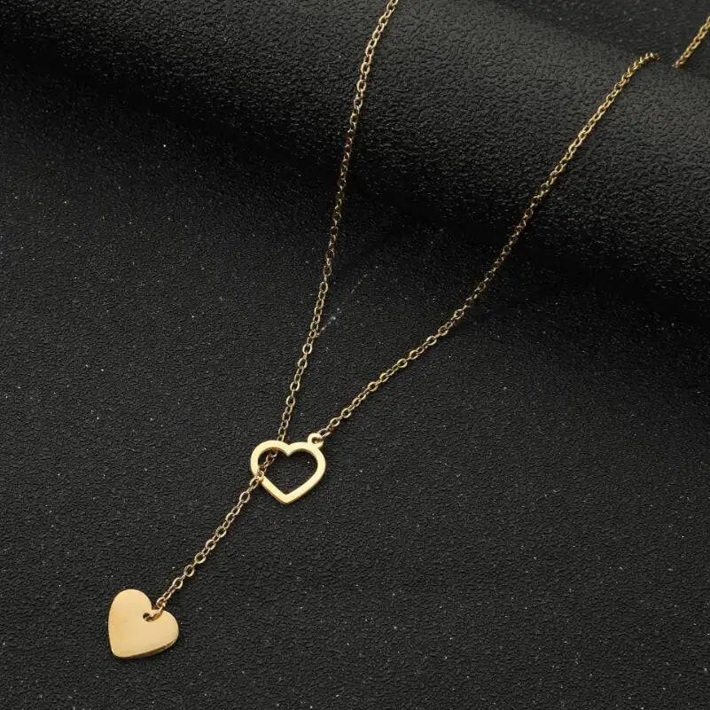 Stainless Steel Double Heart Lariat Y Necklace | 18K Gold | 45cm Chain